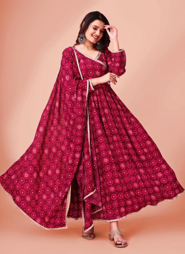 Georgette Pink Festival Wear Printed Readymade Gown With Dupatta